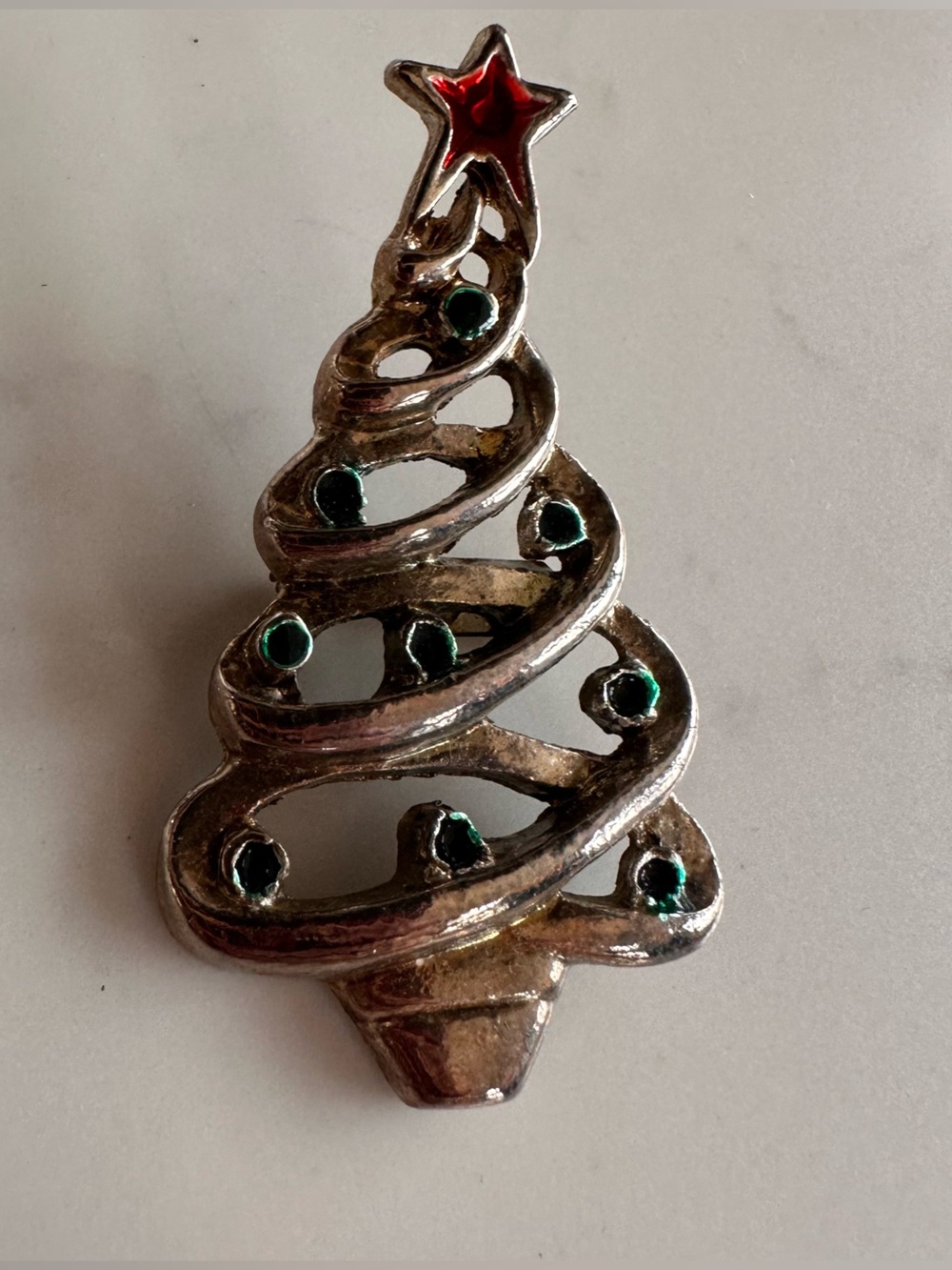 Silver-tone SPIRAL christmas brooch with Green Accents